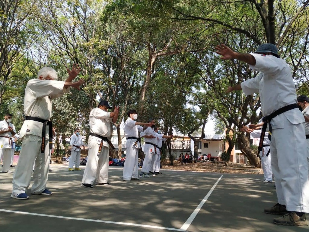 Black belts working arm exercises at the start of the session