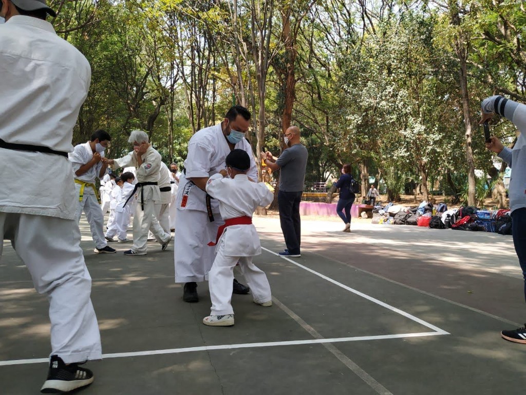 Kihon work between an instructor and a child student