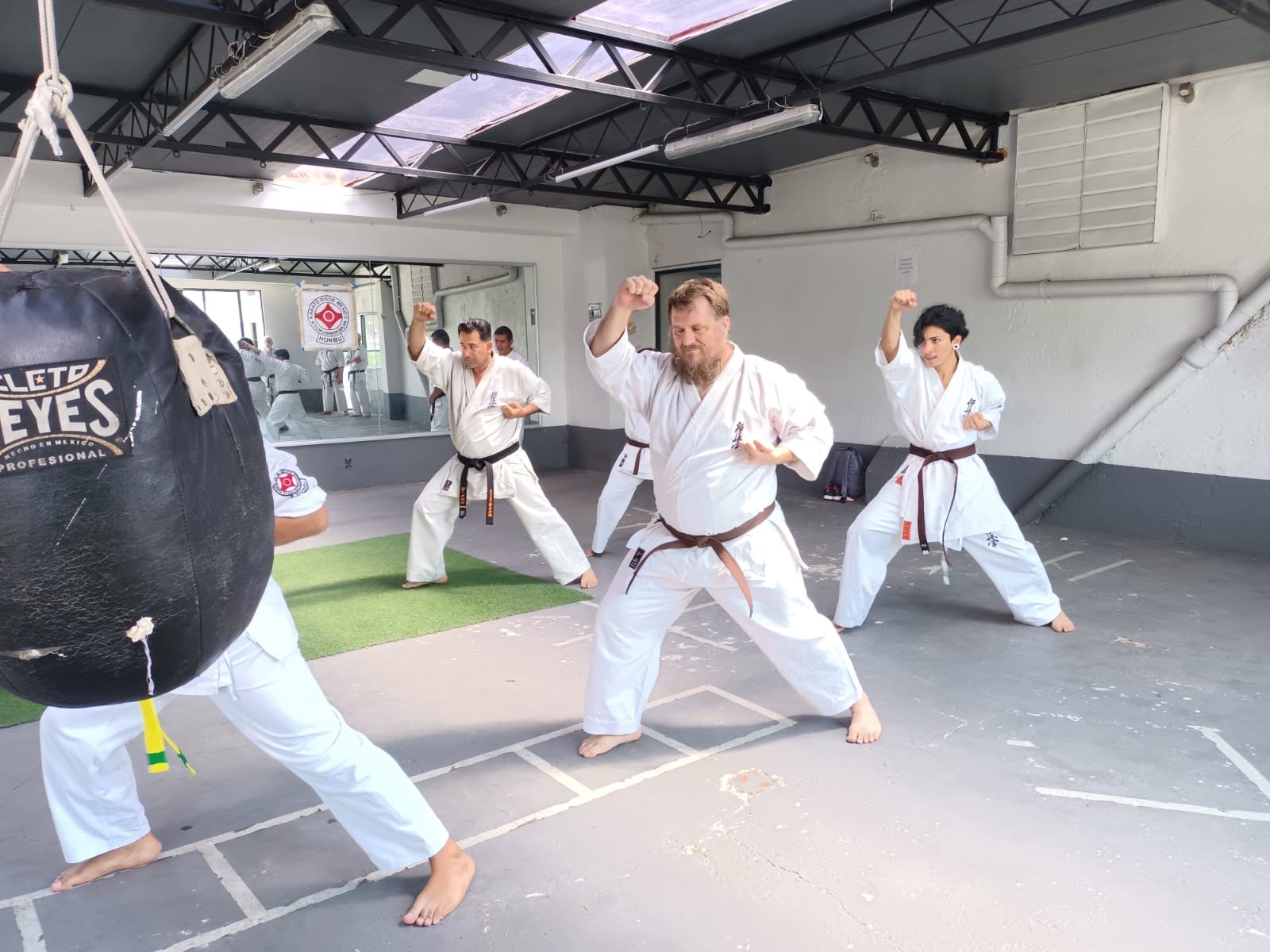 Practicantes ejecutando bloqueos altos durante el seminario
